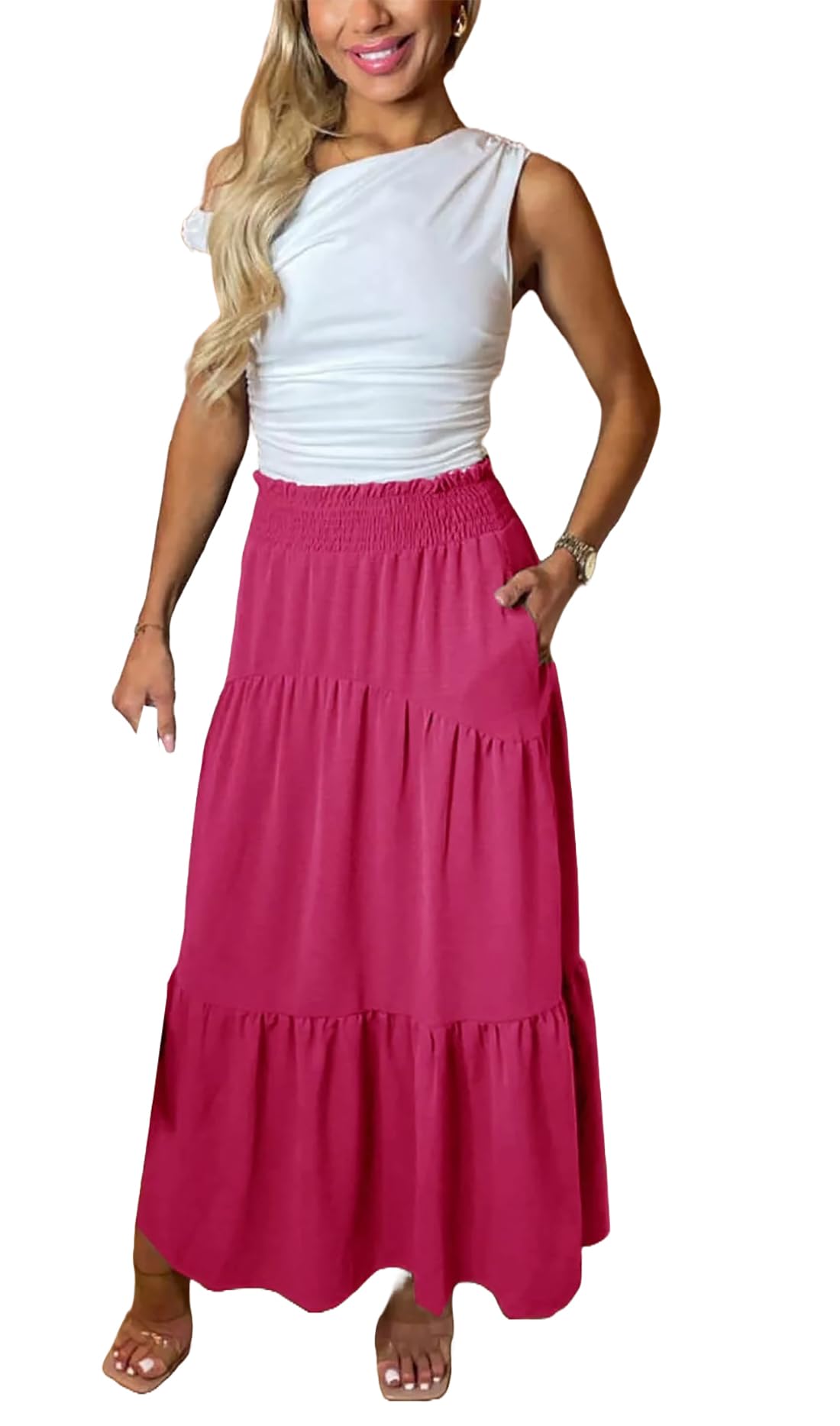 FAIRY TRENDZ Womens Long Length Sheering Maxi Skirt Ladies Elasticated High Waist Flared Long Skirt A Line Pleated Skirt with Pocket (Fuchsia UK 18)