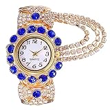 CdyBox Ladies Diamond-Studded Watched Quartz Wristwatch Fashion Open Alloy Bracelet Watch (Blue)