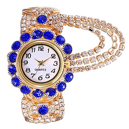 CdyBox Ladies Diamond-Studded Watched Quartz Wristwatch Fashion Open Alloy Bracelet Watch (Blue)