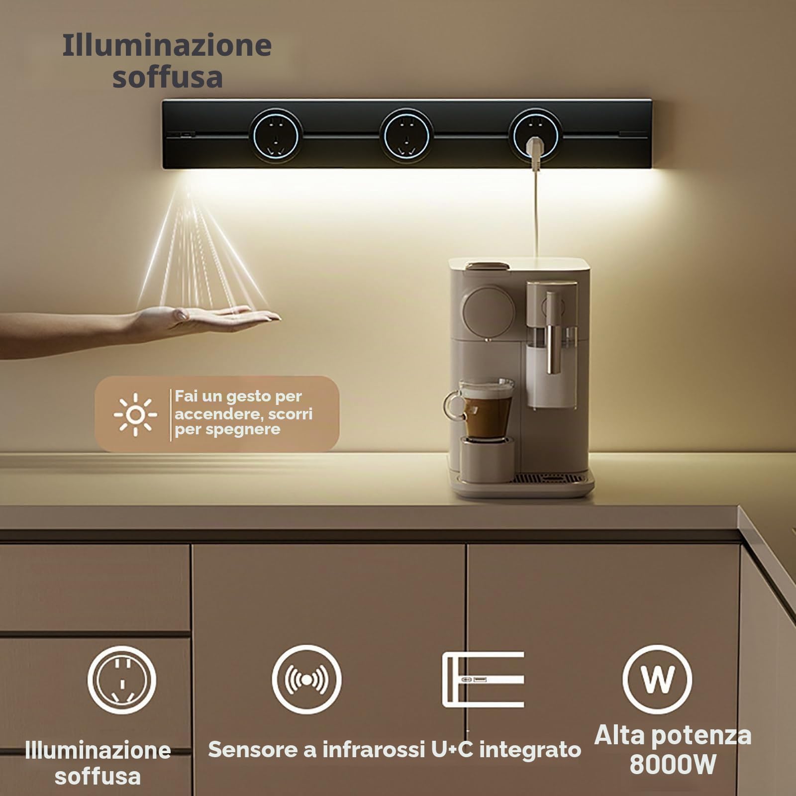 Binario Per Presa Elettrica Rimovibile Da 8000W, Prolunga Per Presa A Muro Mobile Con Porta USB E TYPE-C(Nero,60cm)