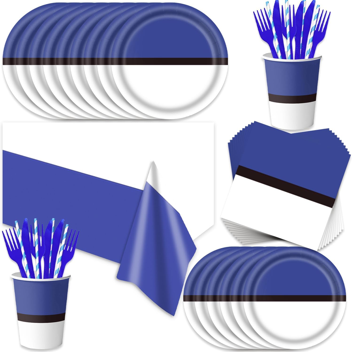 141Pcs Pocket Birthday Party Decorations for 20 Guests - Cartoon Dark Blue and White Party Plates and Napkins Forks Cups Straws Tablecloch for Baby Shower Birthday Decorations