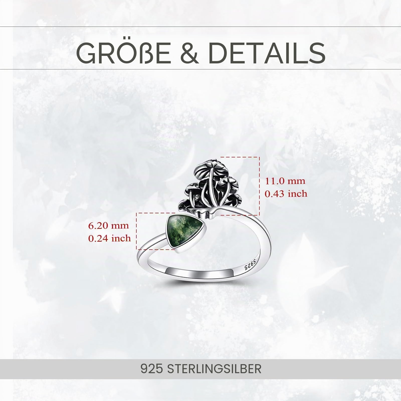 YFN Pilz Ring 925 Sterling Silber Moosachat Pilz verstellbarer Ring Pilz Schmuck für Damen Mädchen antike Pilz Geschenke für Mutter