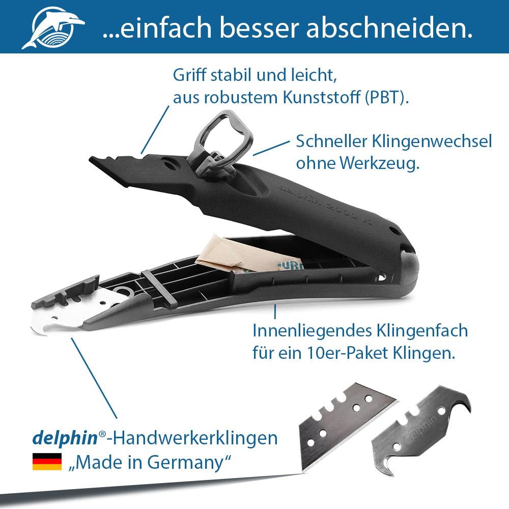 Teppichverlege Set, bestehend aus Delphin®-2000K, 10 Trapezklingen, 10 Hakenklingen, Streifenschneider, Kunststoffköcher