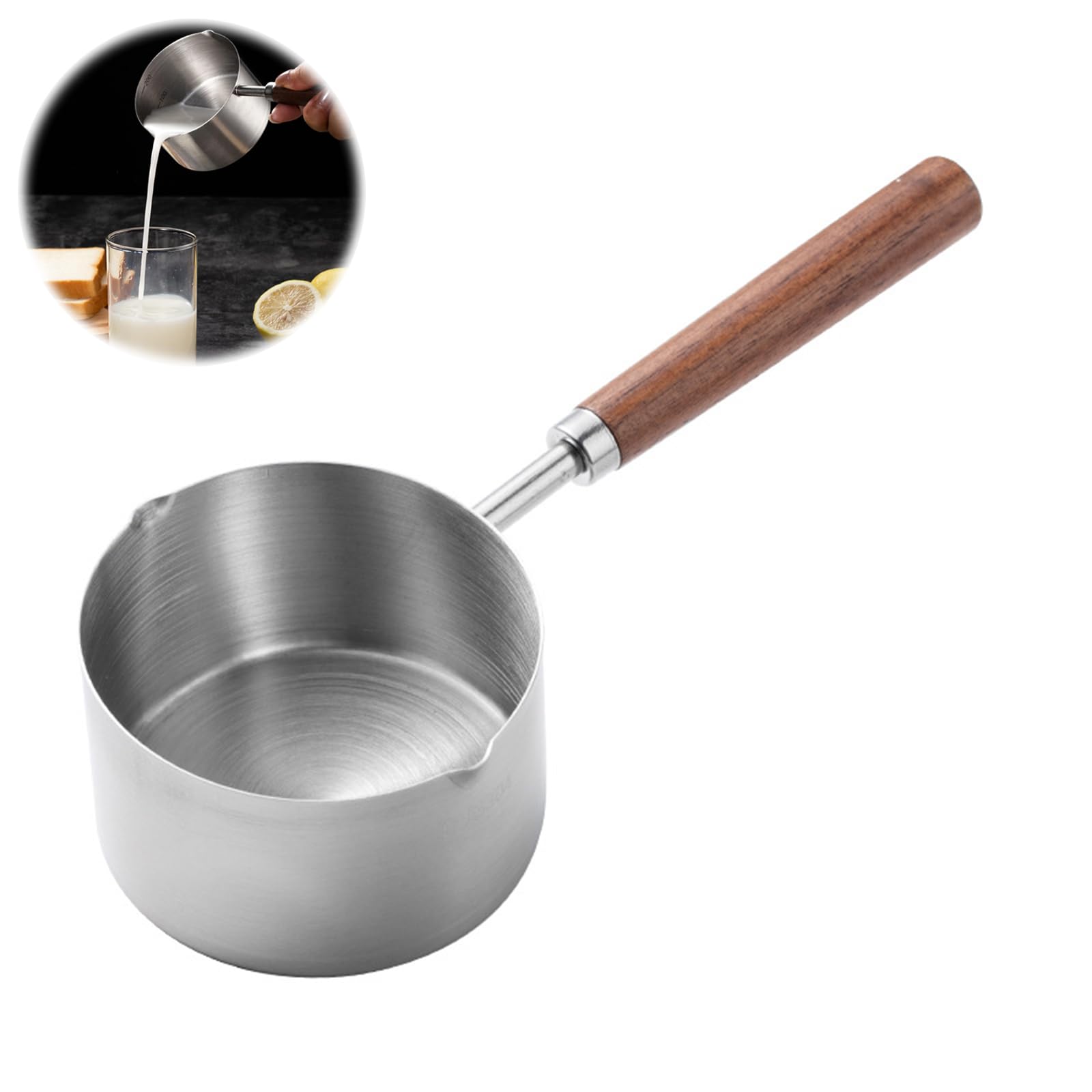 Mini Cacerola De Acero Inoxidable Con Boquilla Y Mango De Madera - Olla Para Leche O Mantequilla Antiadherente (1 Taza) - Apta Lavavajillas Y Congelador