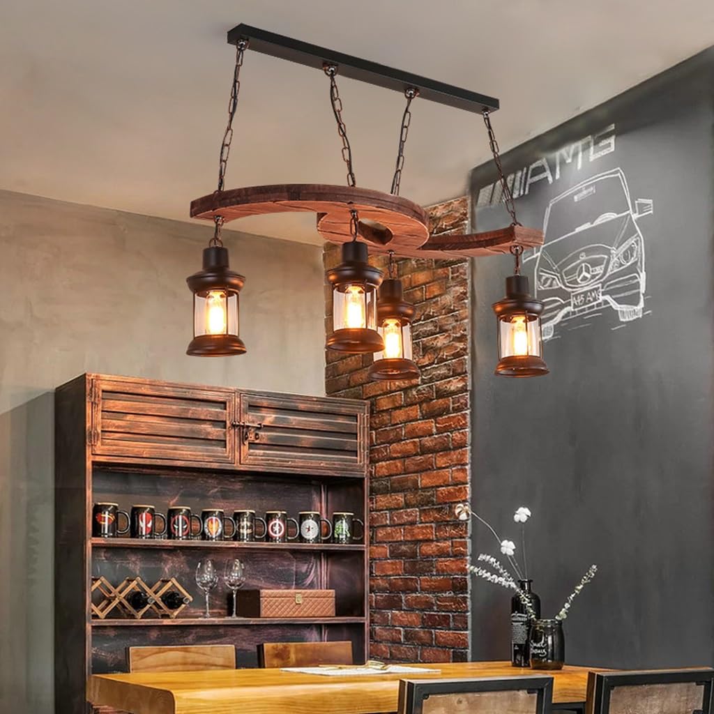 ChenYuNiu Vintage Industrial Wood Pendant Light – Retro 4-Head Hanging Chandelier with E27 Edison Bulbs – Stylish Ceiling Fixture for Kitchen & Dining Room