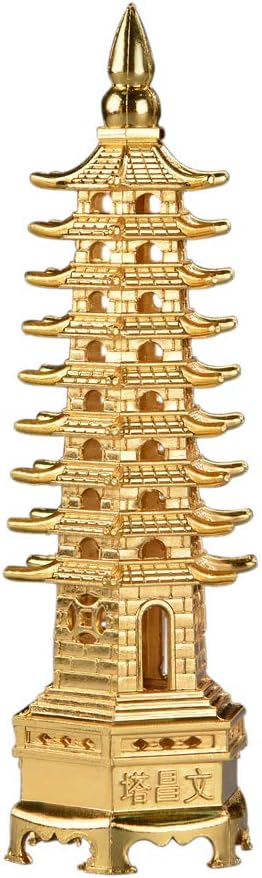 BRABUD 5.1'' Alloy Fengshui 9 Level Pagoda Wenchang Tower Statue Protection Business Rises Desk Decor Collectible Golden Color ZD111