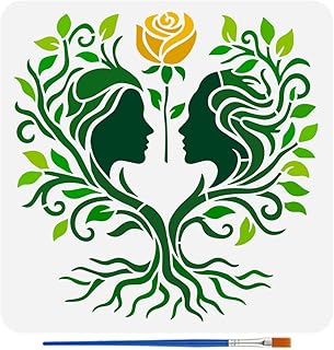 FINGERINSPIRE Female Life Tree Stencil with 1Pc Plastic Brush 11.8x11.8 inch/30x30cm Life Tree Pattern Drawing Stencil Human Theme Template for Painting on Wall Wood Furniture DIY Home Decoration