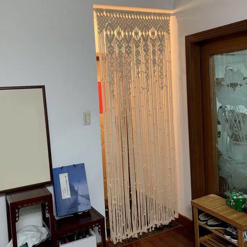 Tapiz de cortina de puerta tejido manual, divisor de ventana de encaje de algodón bohemio para fondo de boda, arco de fiesta y decoración del hogar, beige (95 x 200 cm)