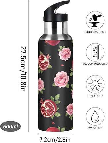 Miniatura 9 de Pink Roses Black Insulated Stainless Steel Water Bottle with Straw 32 Oz Leakproof Water Bottles, BPA-Free Sport Water Bottle