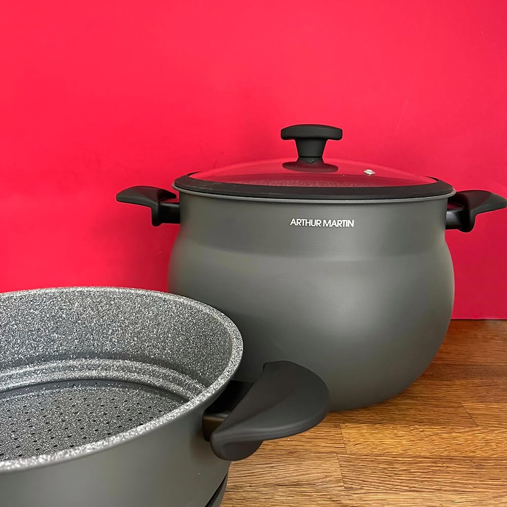 AM2215 : Couscoussier Arthur Martin en Aluminium 10L Revêtement Anti Adhérent - 26cm - Tous Feux dont Induction avec Bouchon Évaporateur - Couleur Gris Mat