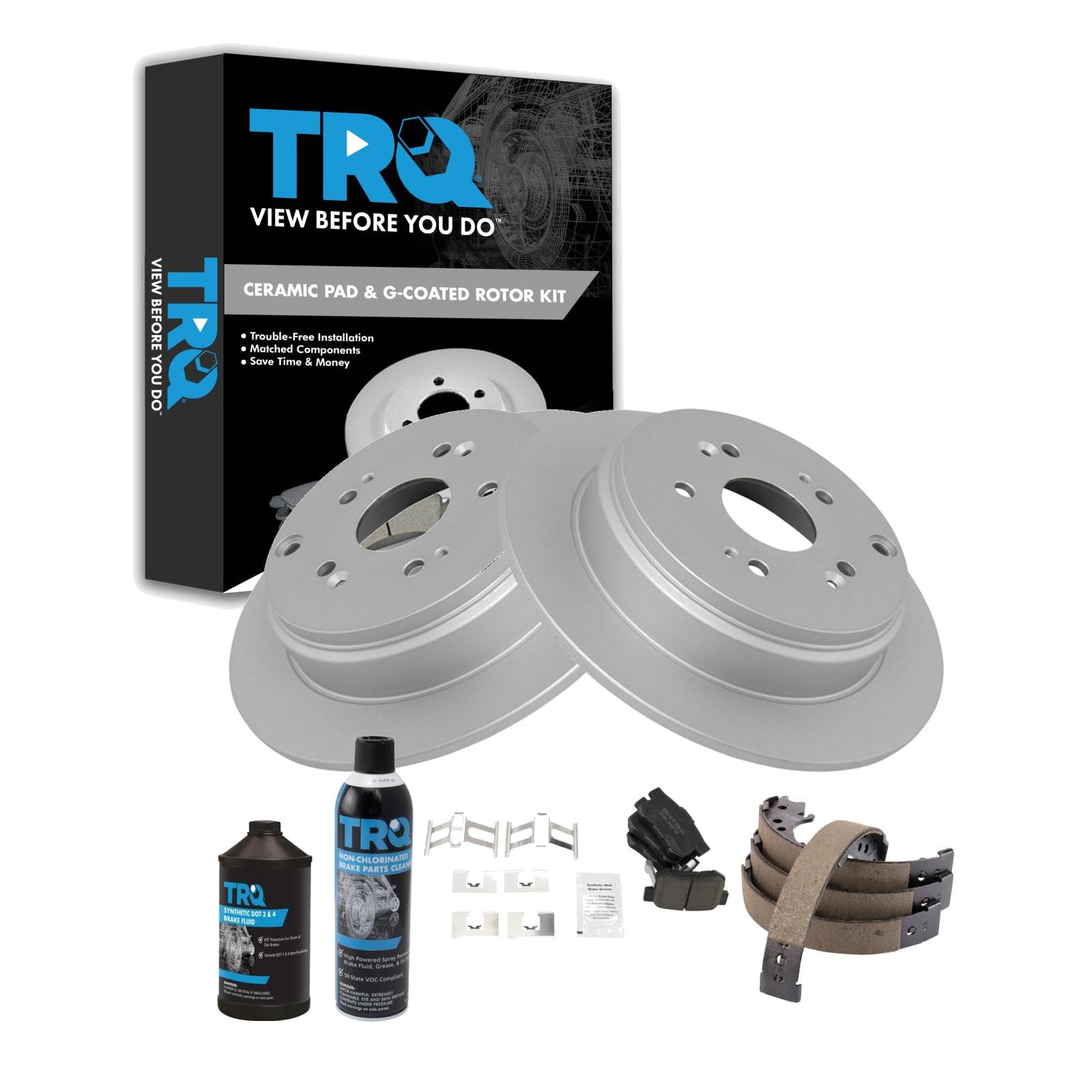 TRQ Rear Brake Pad &amp; Rotor Kit, with Chemical Kit Parking Brake Shoe Set Ceramic Premium G-Coated Compatible with 2007-2012 Acura RDX