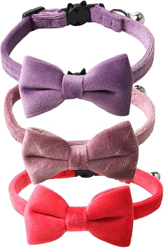 Miniatura 1 de Love Dream Collar de gato con pajarita y campanas, paquete de 3 collares de terciopelo de seguridad para gatitos con pajarita extraíble para gatos