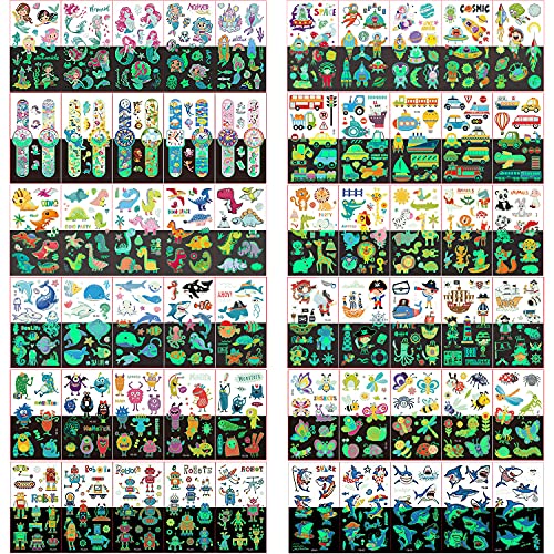 60 hojas Tatuajes temporales luminosos para niños, 490 piezas de tatuajes de dibujos animados a prueba de agua pegatinas de arte corporal Animales Unicornio Tiburón Tema para Fiesta de cumpleaños Cover