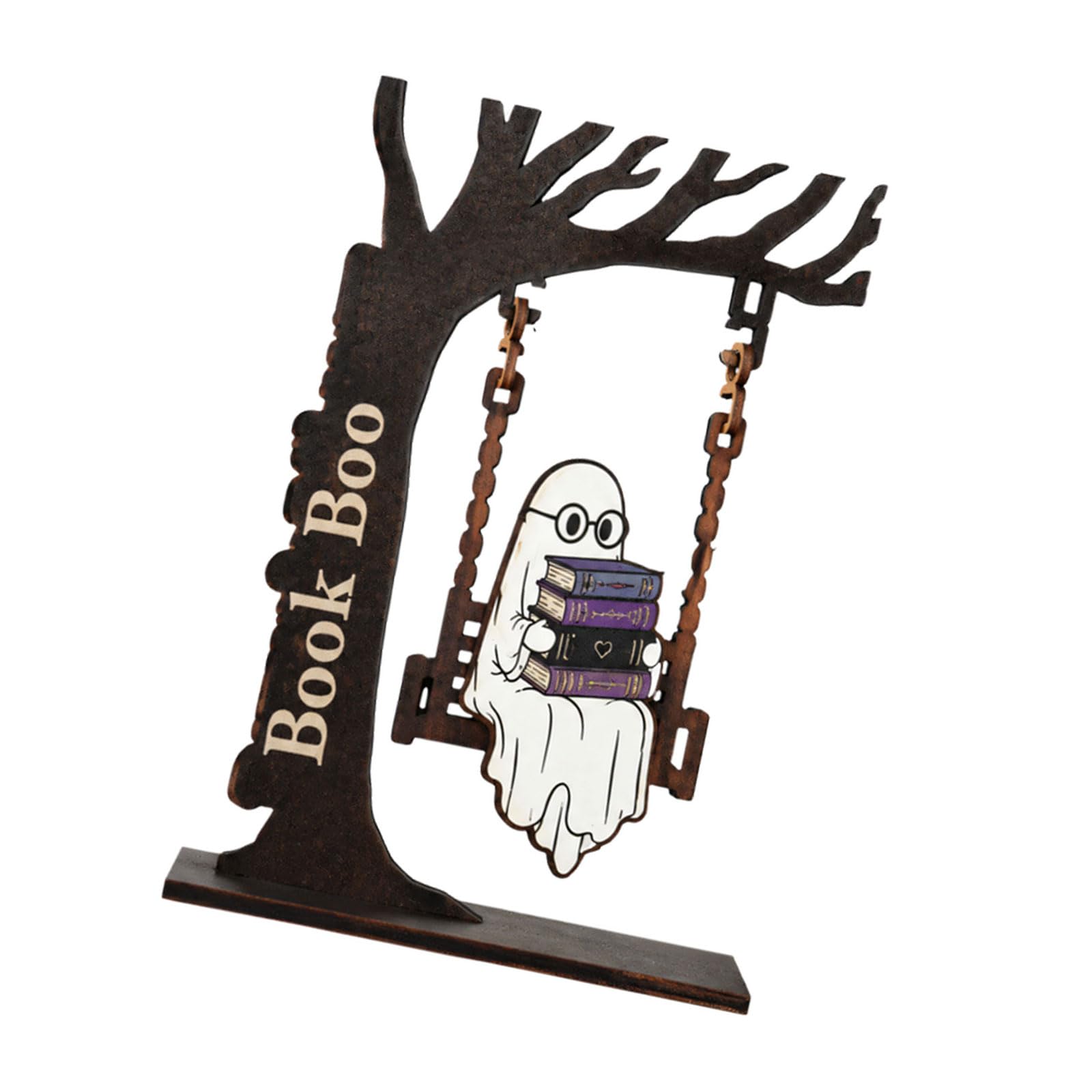 Tabletop Halloween Reading Decor, Wooden Bookish Swing Accent for Mantel Bookshelf Fall Home Styling Display Indoors Wooden Halloween Decor Reading Figure Bookshelf Ornament Tabletop Accent Fall Book