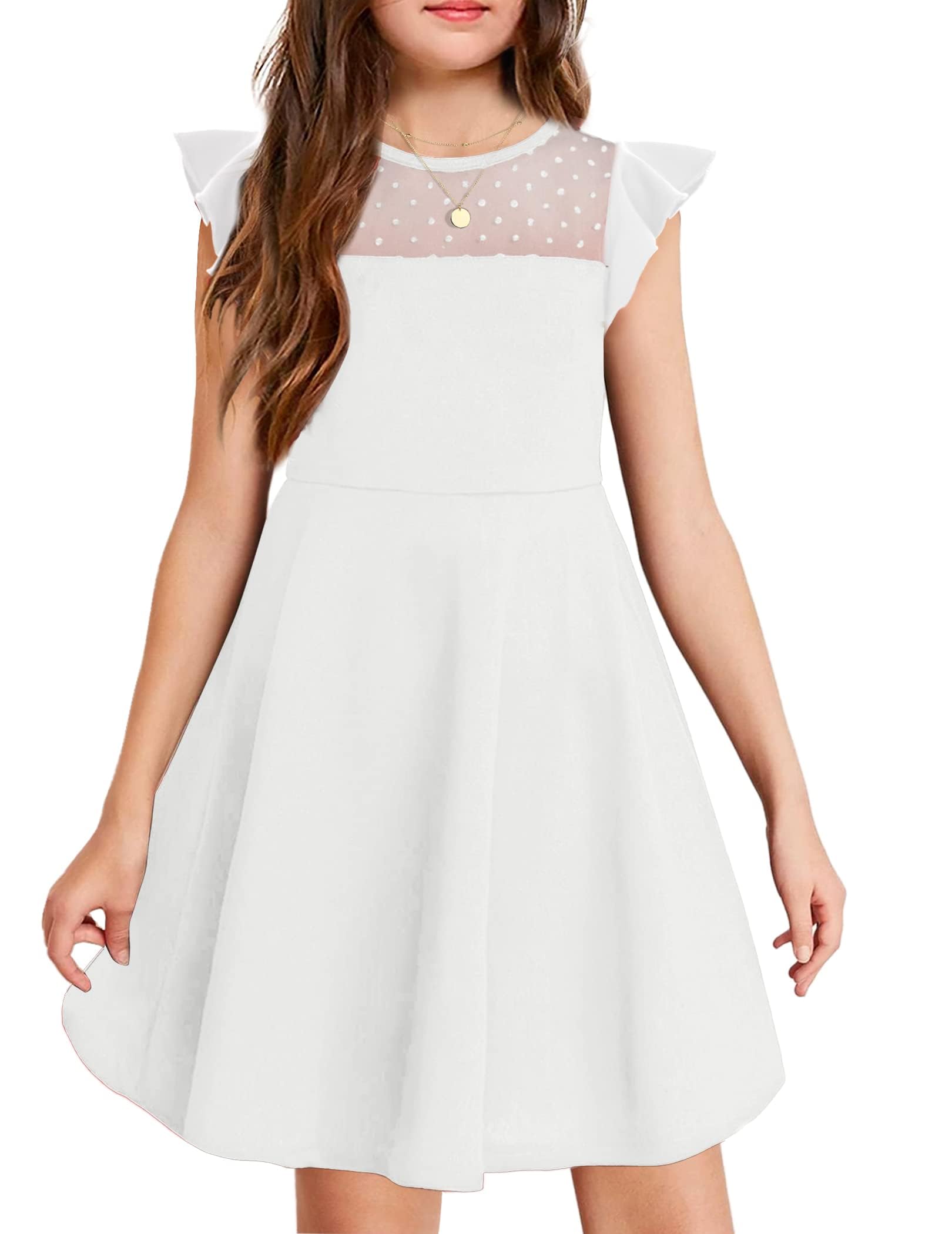 Arshiner Vestido para niñas de Verano con Mangas con Volantes de Malla en Forma de A, Vestidos de Fiesta Casuales con Bolsillos de 6 a 13 años