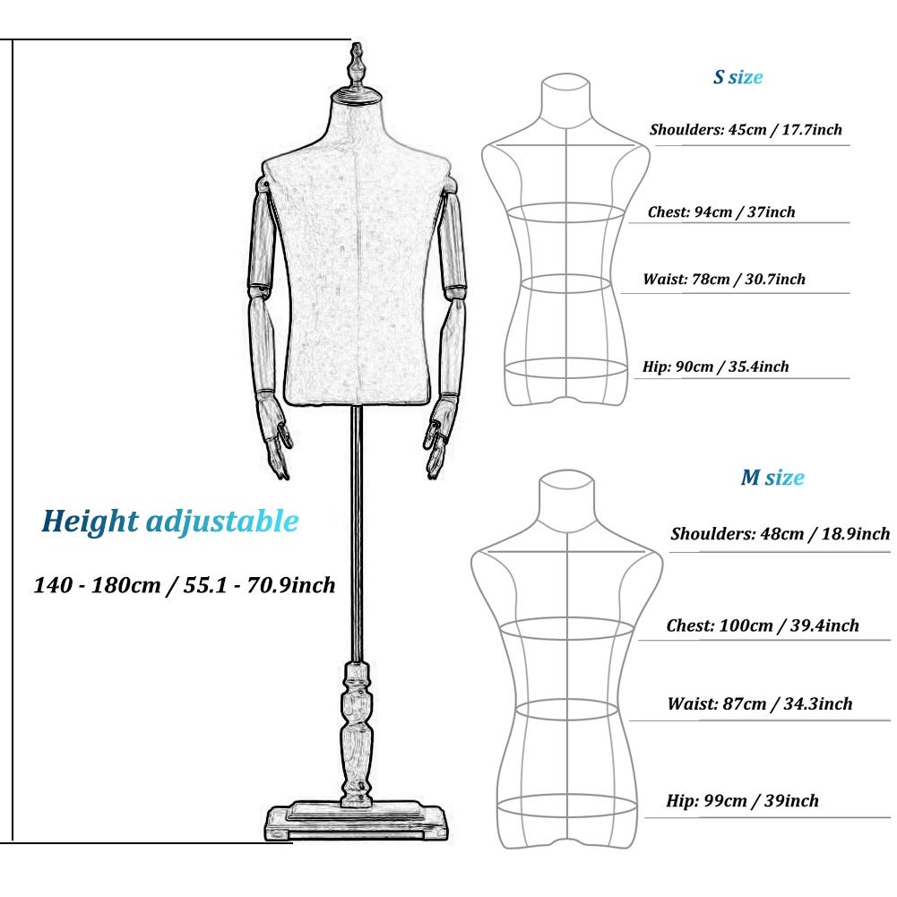 Manekin wystawowy męski krawiecki Dummy z drewnianym stojakiem Base Half Body Mannequin Tors do sklepów okiennych/przednim tarasie/licznikiem Top (kolor: z ramionami, rozmiar: M)
