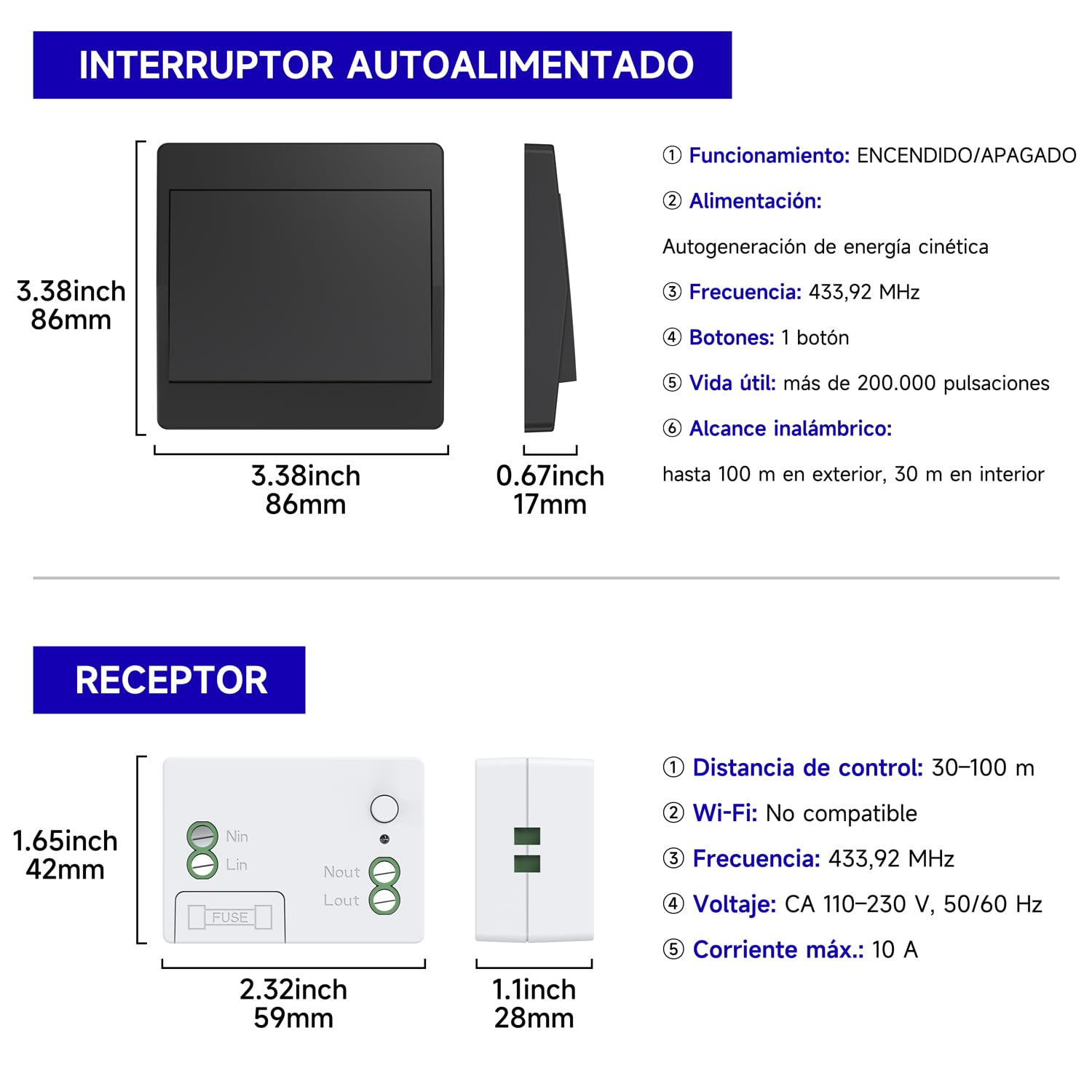 Kit de interruptor inalámbrico negro sin pilas, interruptor autoalimentado, conmutador inalámbrico, interruptor de radio a distancia, teleruptor RF433MHz (Negro 1Gang 3V1)