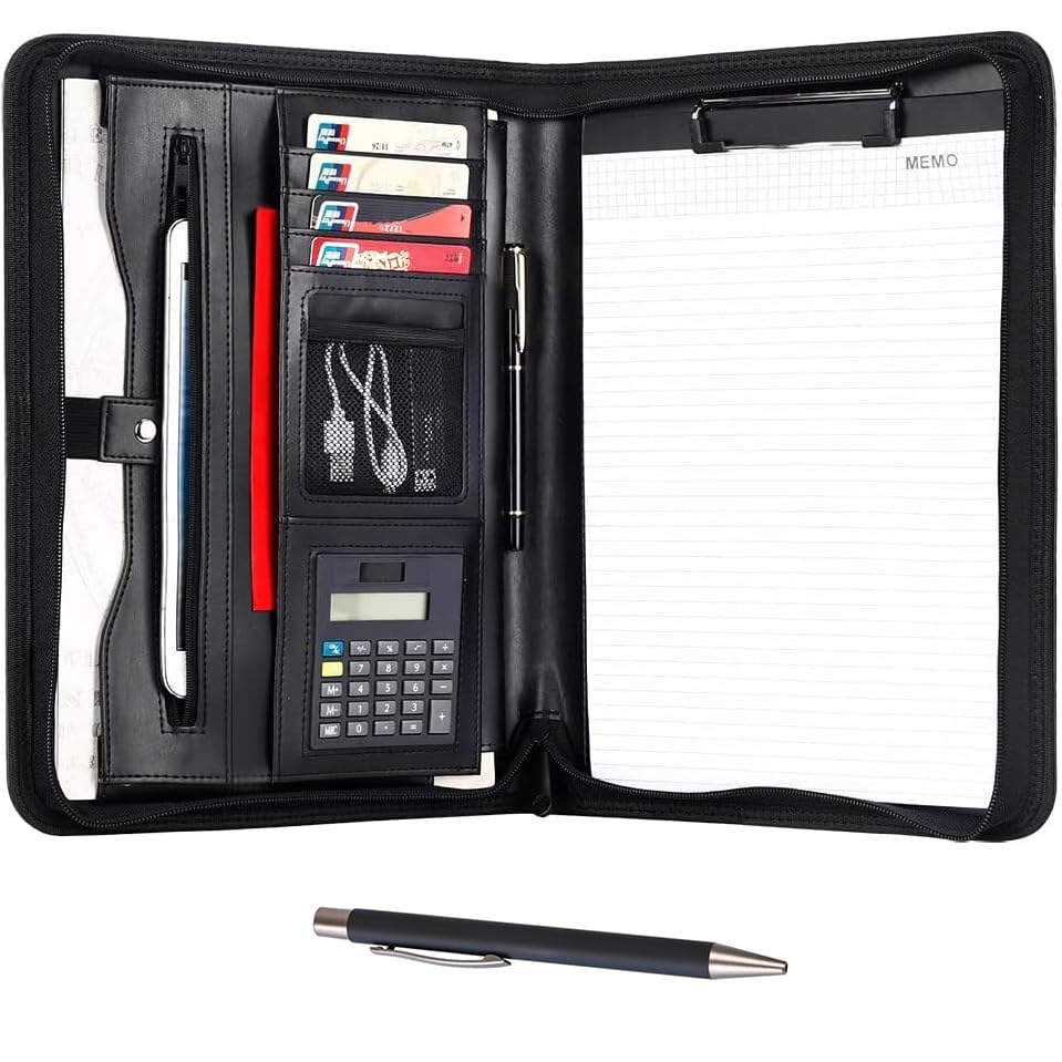eshow leather portfolio professional business padfolio with zipper - interview resume notefolio premium legal document organizer with card holder writing pad and file folders for men and women