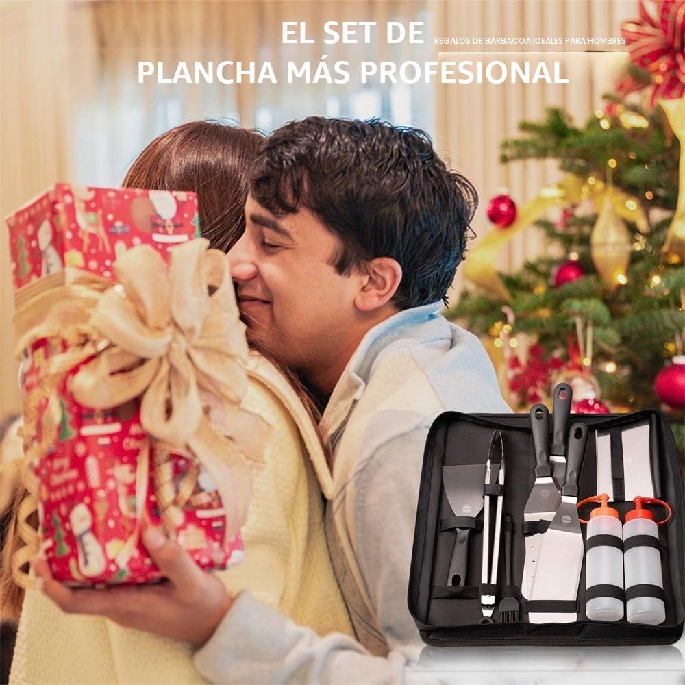 Huolewa 9 Piezas Conjunto de Espátula para Barbacoa, Juego de Barbacoa de Espatula Plancha de Acero Inoxidable, Herramientas de Espátula para Grill, con Cepillo, Botella y Bolsa de Almacenamiento