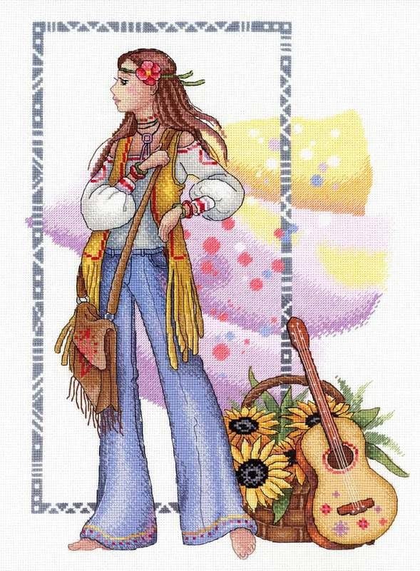 MP Studia Kit per ricamo a punto croce, per adulti e principianti, motivo: Sunny Hippie, 33 x 25 cm, 18 ct.