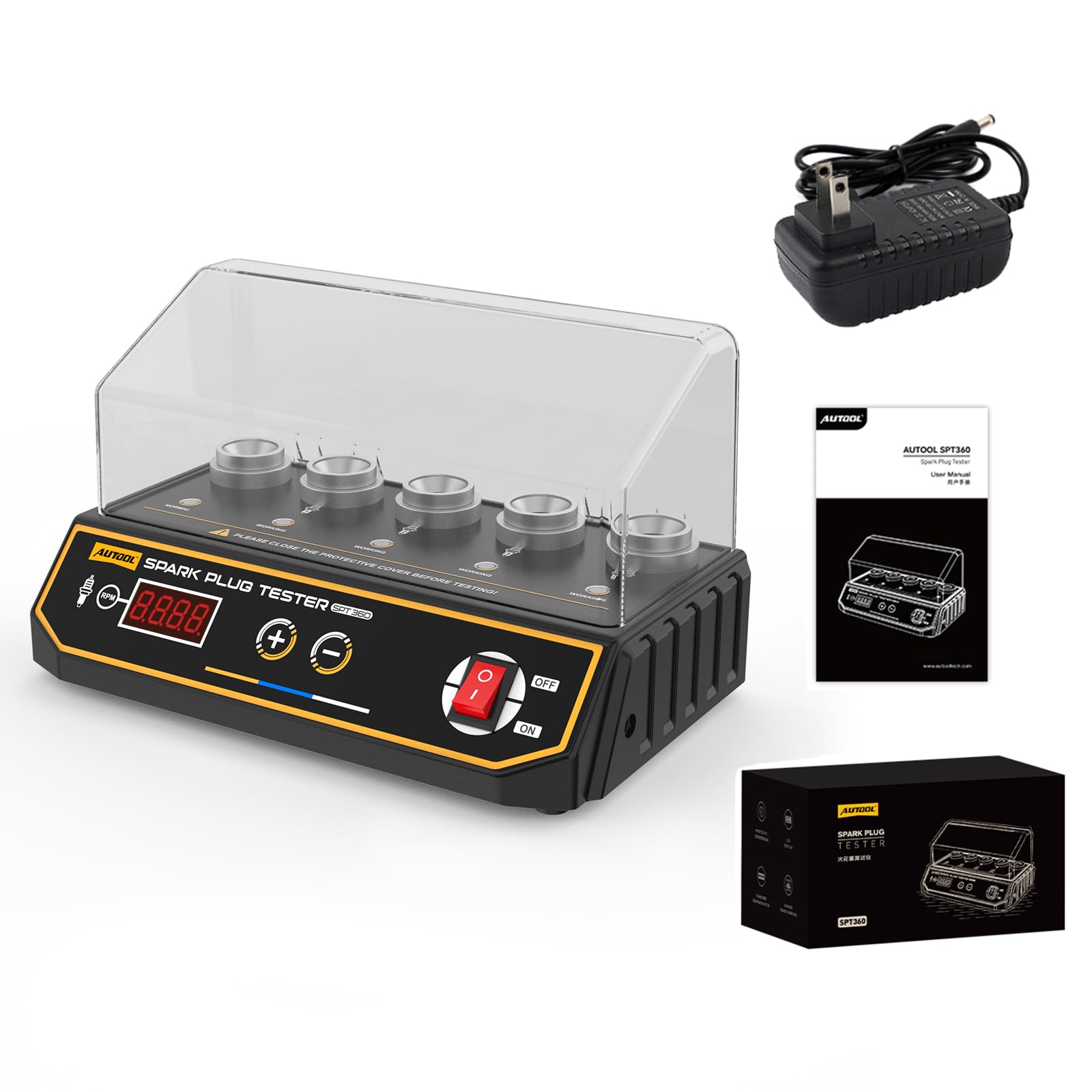 AUTOOL SPT360 Auto Zündkerze Tester, Kfz Zündkerzendetektor Zündkerzen-Systemanalysator mit 5 einstellbaren Testlöchern für Motorradfahrzeug (200-9000RPM)