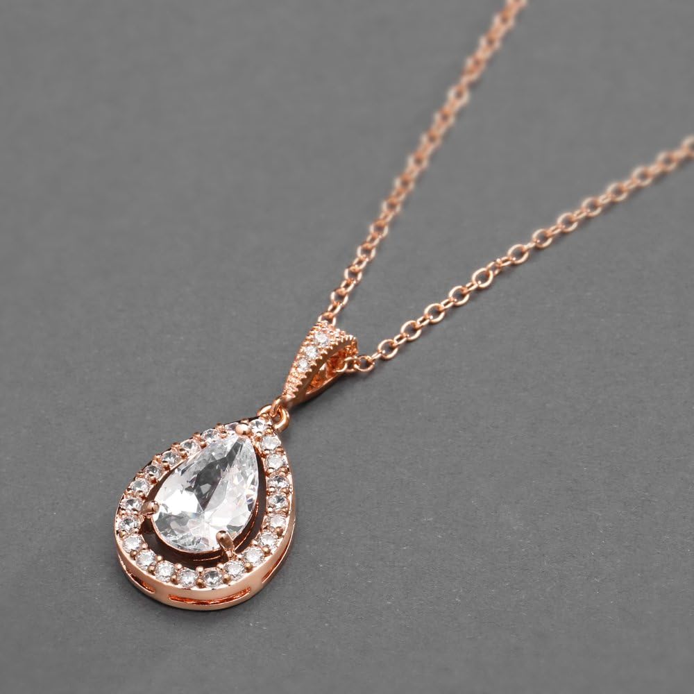 Mariell Rose Gold Cubic Zirconia Crystal Bridal Necklace, Teardrop Pendant Wedding Prom Jewelry Gift - Image 6