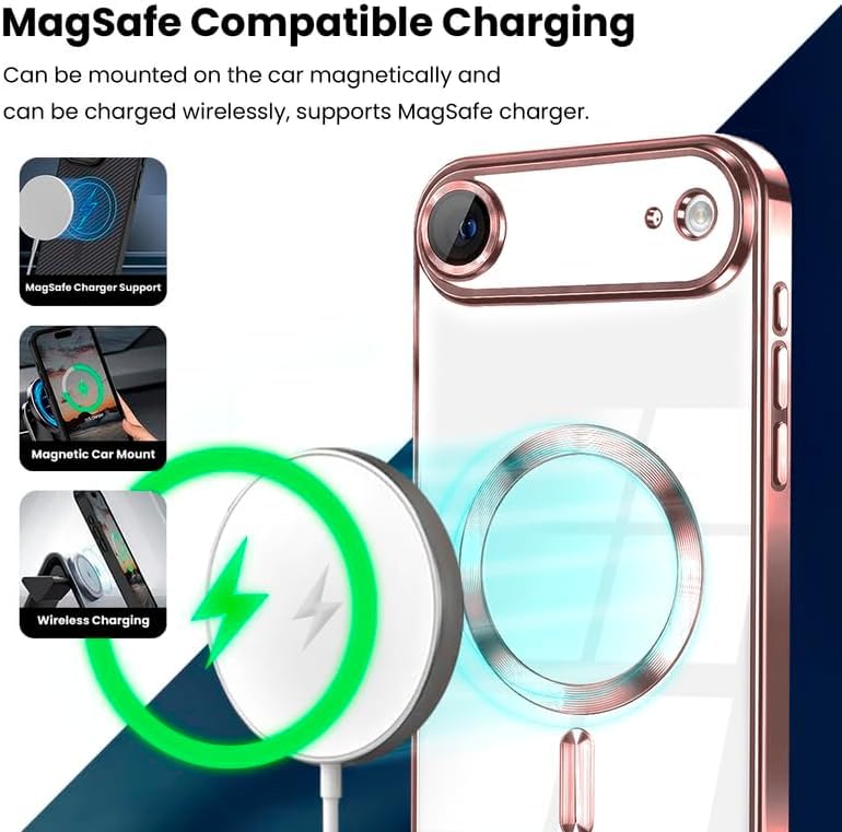 Image of VONZEE Electroplating Transparent Clear Logo Back Cover TPU Compatible with iPhone 17 Air, Compatible with Magsafe, Full Body & Individual Camera Protection for Each Lens for Men & Women (Rose Gold)