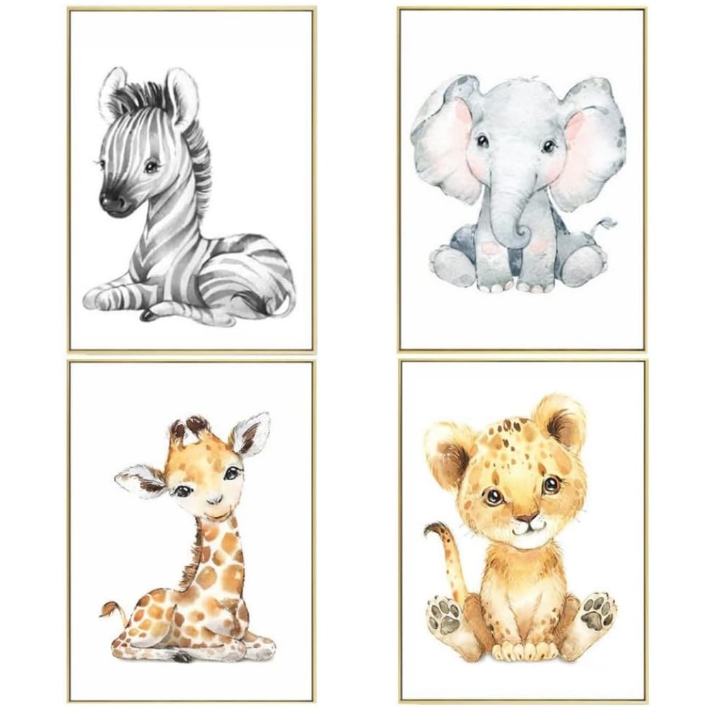 Aormuie 4 Pack Baby Jungle Nursery Wall Decor Art Pictures 30 x 21cm Safari Animal Wall Murals for Baby Kids Living Room Bedroom Bathroom Without Frame