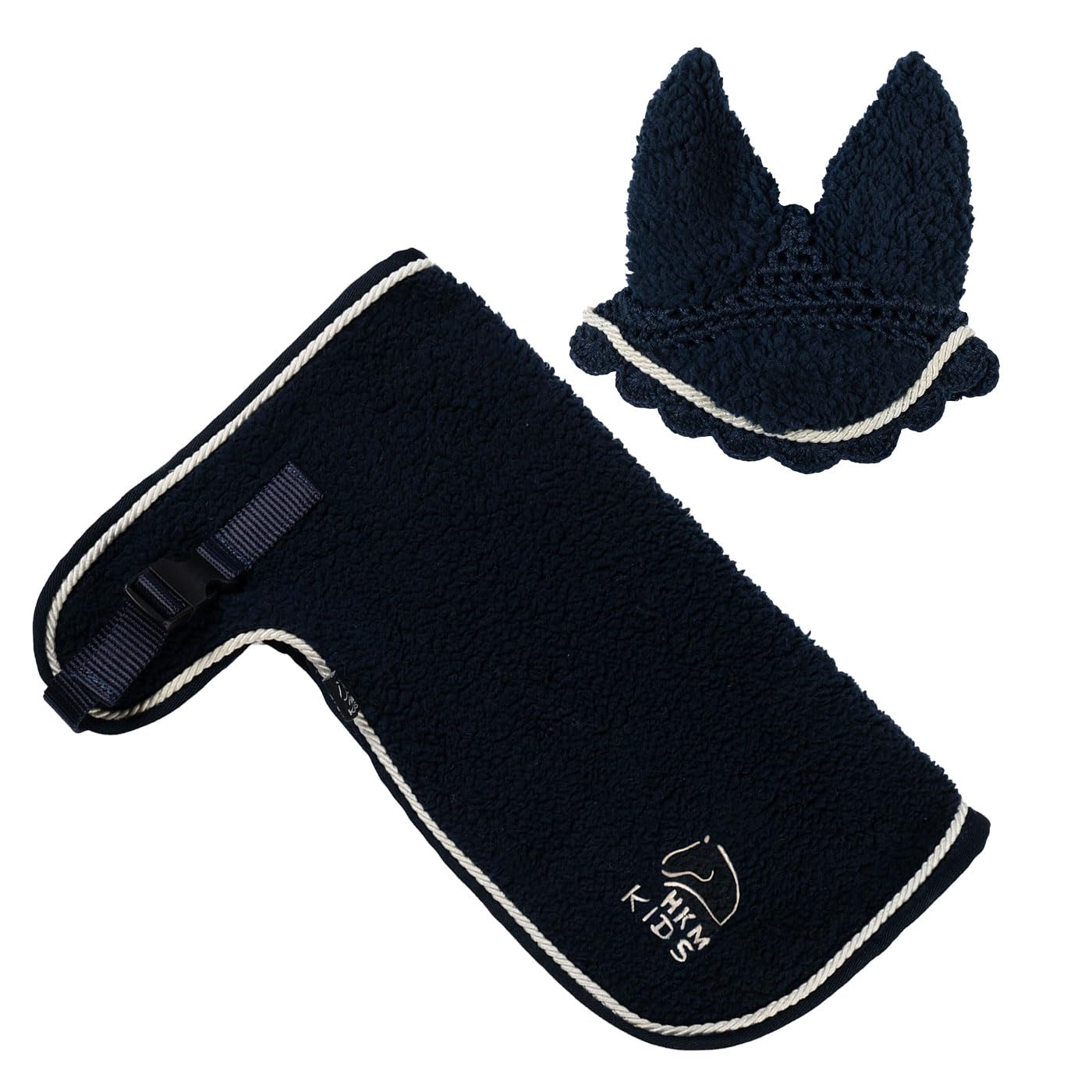 Brama West HKM Hobby Horsing Teddy Love Set für Steckenpferde – Kuschelige Ohrenhaube & Decke aus Teddyfell - hochwertiges Hobby Horse Zubehör (Navyblau)
