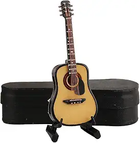 Miniatura de madeira com suporte e estojo Mini instrumento musical réplica de guitarra acústica estatuetas colecionáveis modelo decoração de casa ornamento de exibição (cor de madeira, 10 x