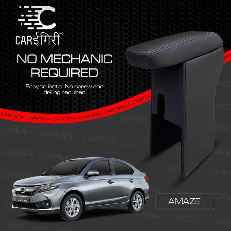 Image of Carigiri Premium Finish Car Armrest with Storage Box And High Density Moulded Foam For Honda Amaze (Models-2018-2024) (Black With Black Double Stitching,Nappa Leatherette)