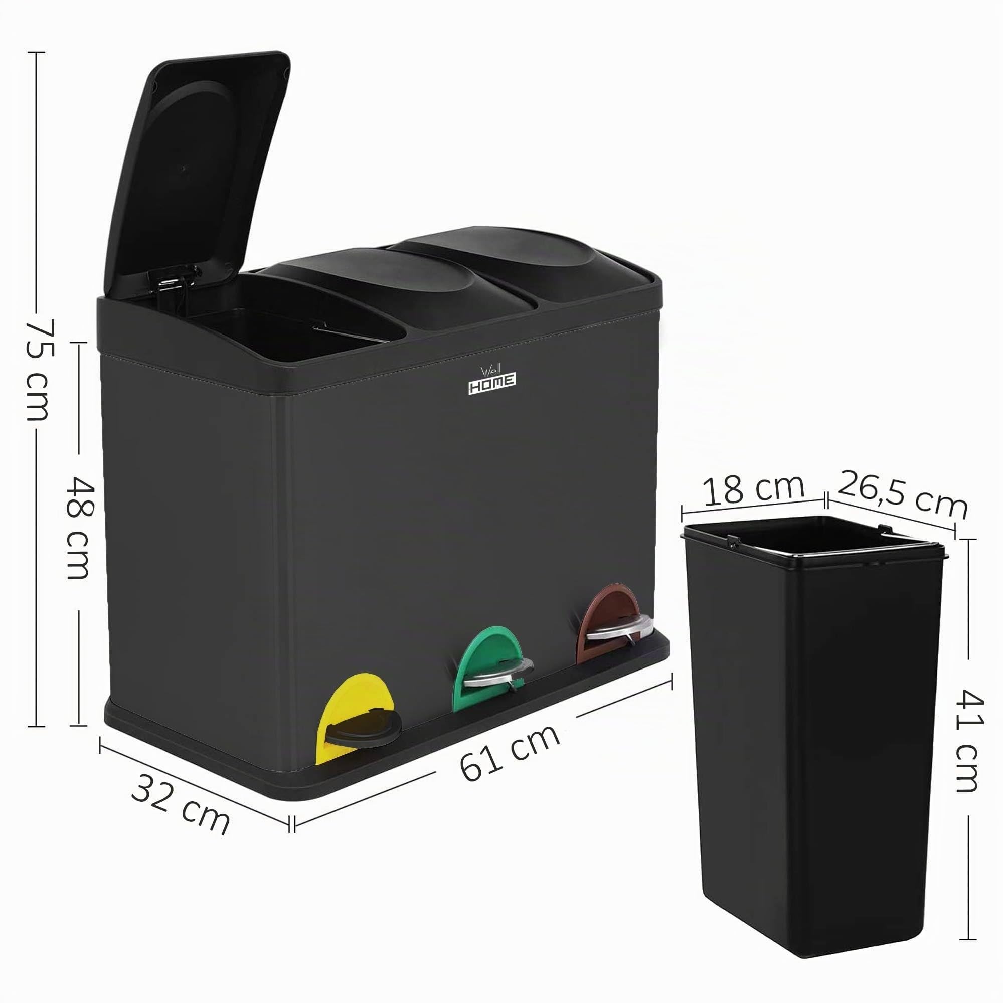 WELL HOME MOBILIARIO & DECORACIÓN Cubo de reciclaje Negro 45L 3 compartimentos + Rollo de 20 bolsas basura autocierre de 20L