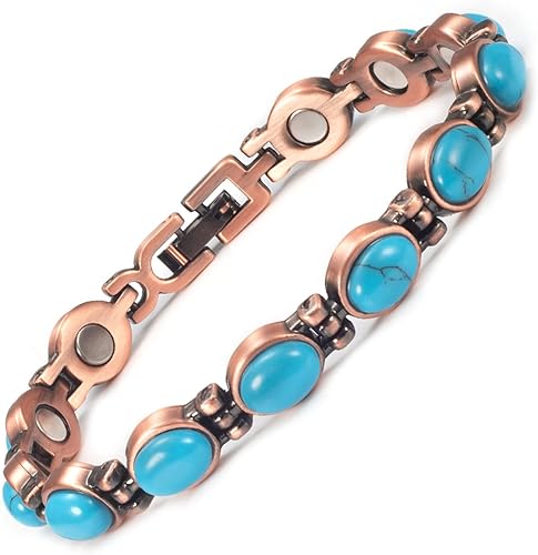 Pulsera de cobre para mujer, 7.08 '' ajustable con fácil enlace turquesa pulsera magnética, joyería de cobre de moda (0164), Metal
