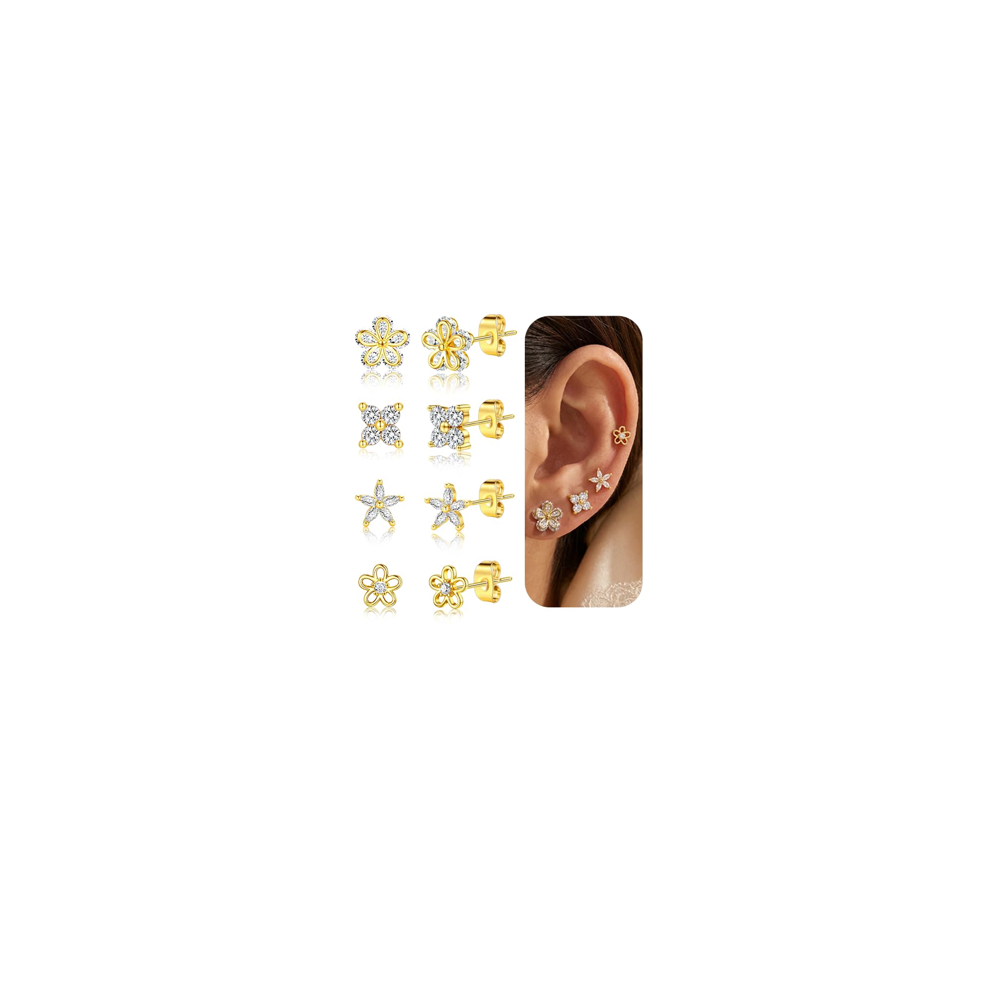 5 Pairs 14K Gold Plated Stud Earrings for Women, CZ Multiple Piercing Set