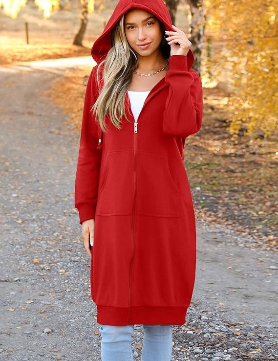 Zeagoo 2024 Long Women's Zip Up Y2K Hoodies Casual Long Sleeve Long Jackets With Pockets Dark Pink