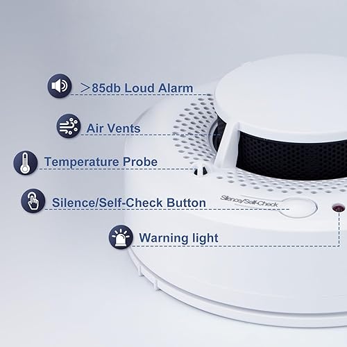 Miniatura 4 de Detector de humo y calor 2 en 1 Alarmas de incendios Detectores de humo con alarma de humo fotoeléctrica avanzada con indicador LED y botón de