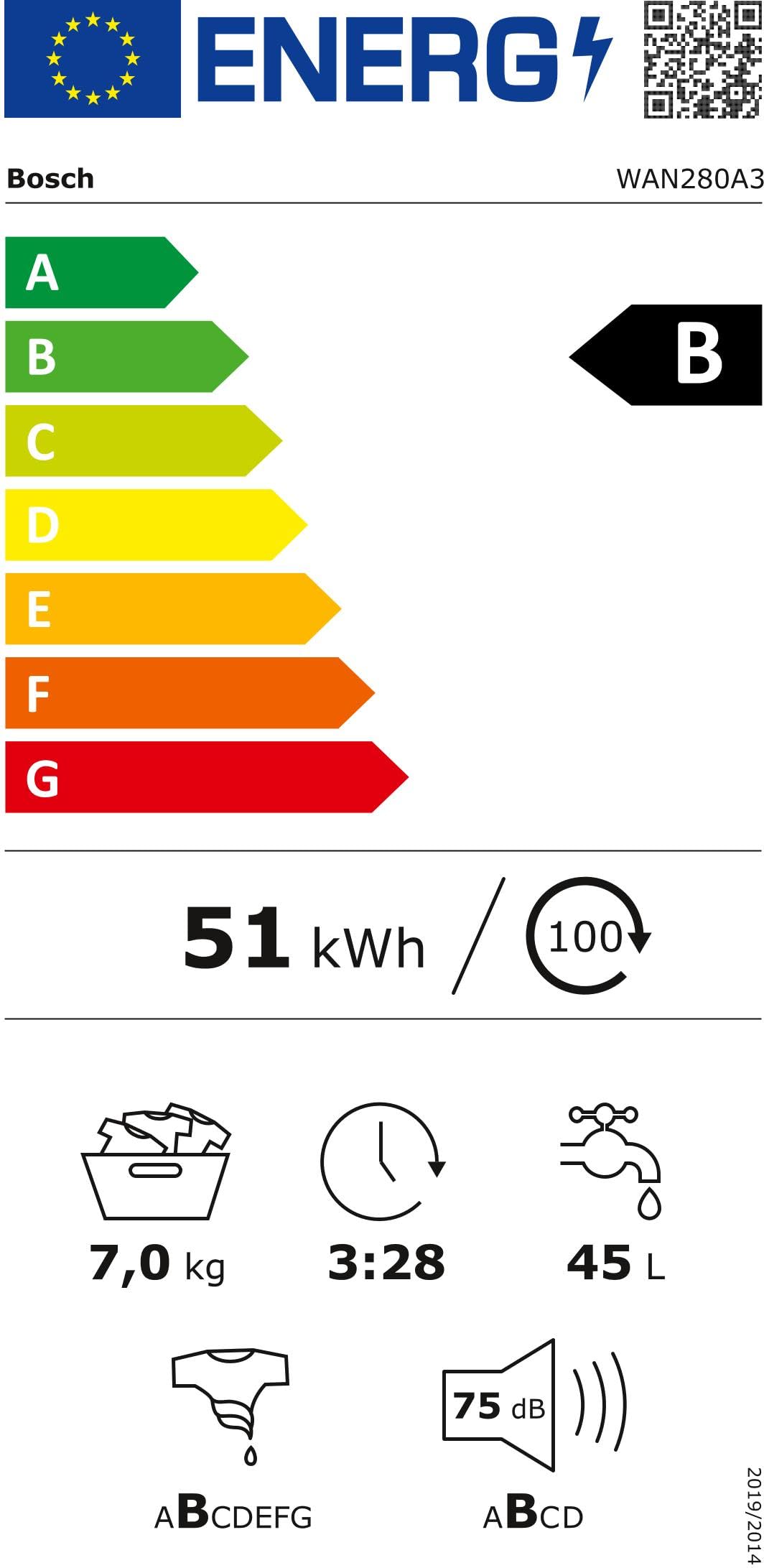 Bosch WAN280A3, Serie 4, Waschmaschine, 7 kg, 1400 UpM, Speed Perfect für schnelles Waschen