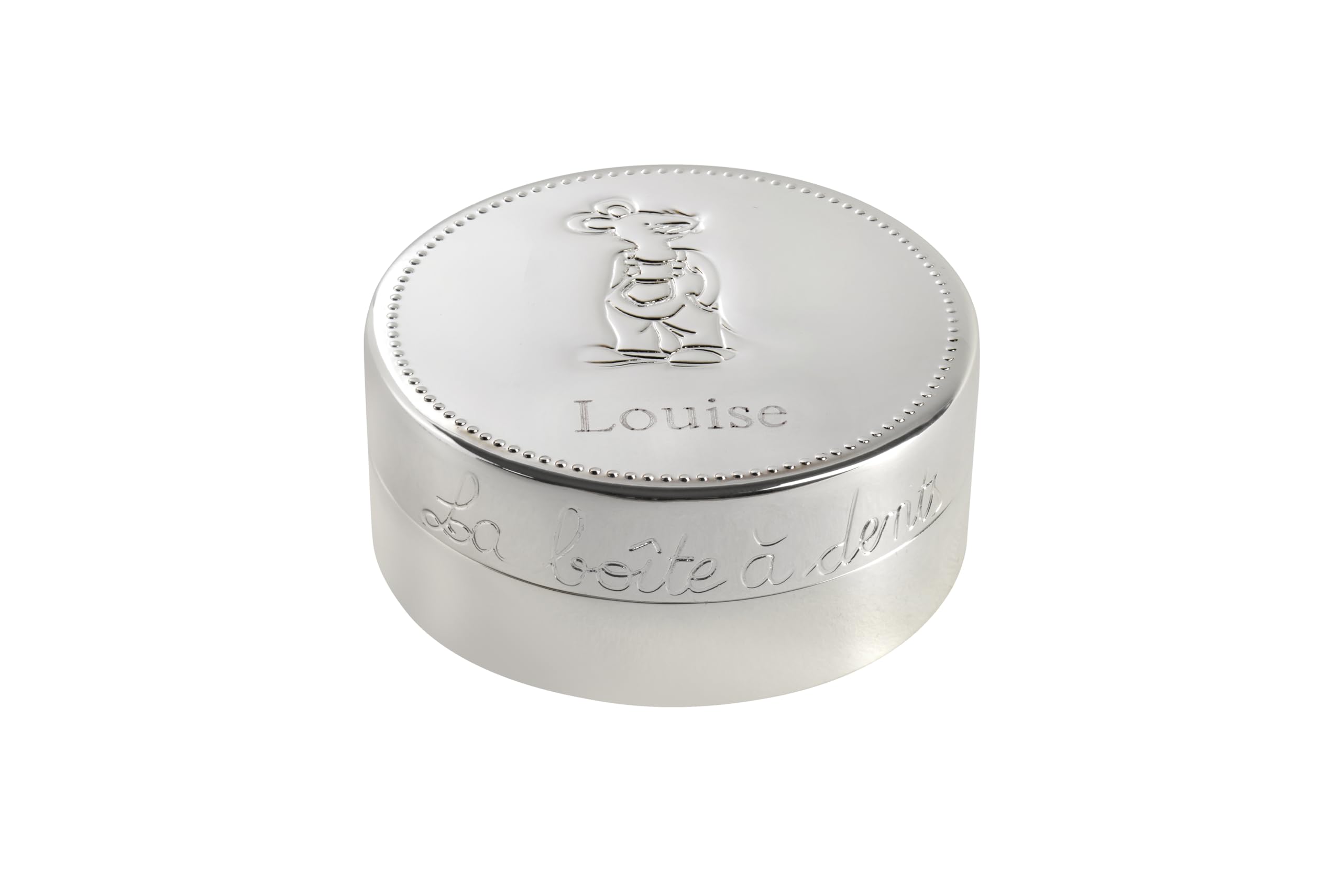 Boîte à Dents de Lait en Métal Argenté, Personnalisable avec Prénom, 6 cm x 2,5 cm, Motif Petite Souris