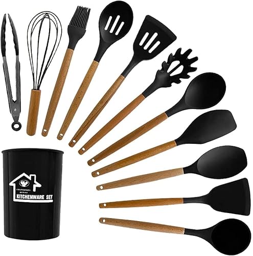 Generic Juego de herramientas de cocina de silicona, 12 piezas, cucharas, espátulas, pinzas (negro), KU002