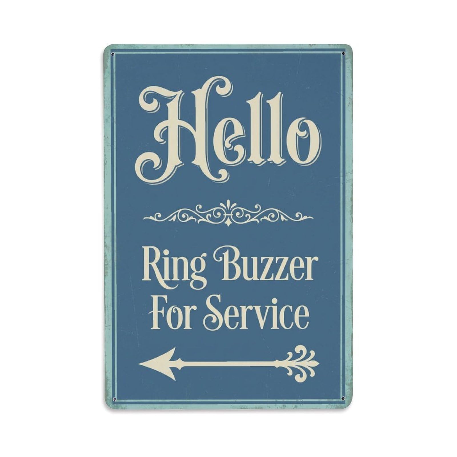 Metal Tin Sign Vintage Hello Ring Buzzer For Service Arrow Ornate