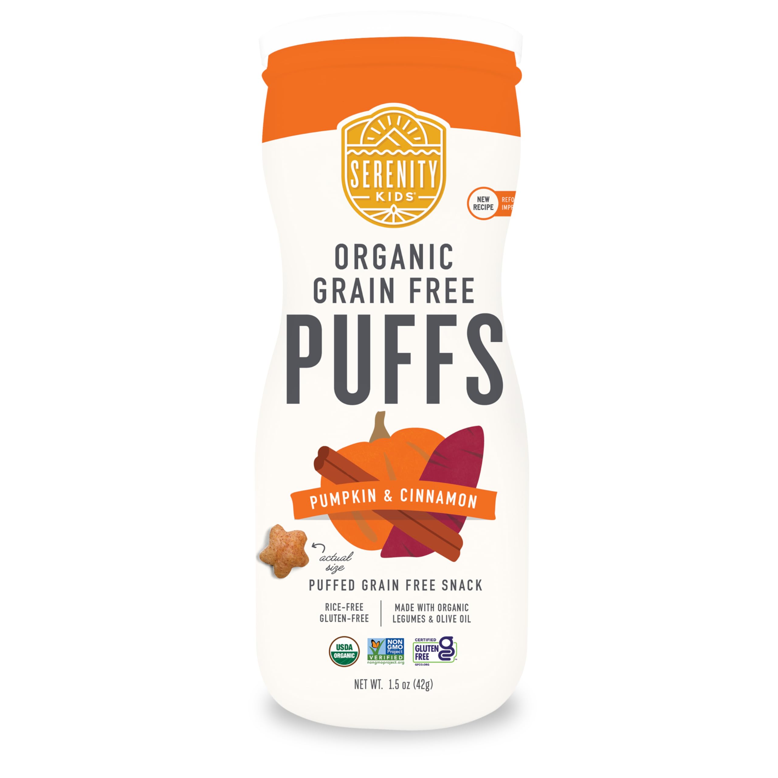Serenity Kids 6+ Months Baby Puffs - Pack of 6, 1.5 oz, Pumpkin & Cinnamon - USDA Organic Grain Free Toddler Food - Nut, Rice & Gluten Free Snack with Veggies, Legumes & Olive Oil - Baby Essentials