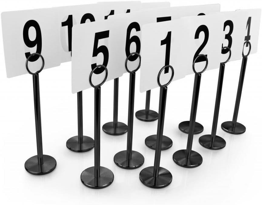 New Star Foodservice Ring Clip Table Number Card Holders with Number Cards, Numbers 1–25, Set of 12, 8 Inch, Black Stand