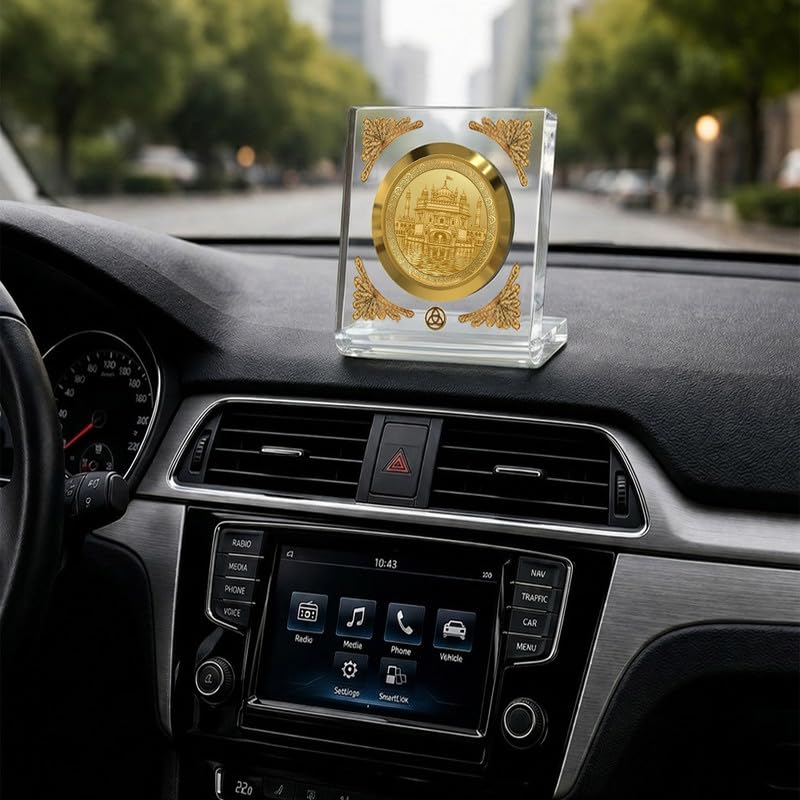 Image of DIVINITI 24K Gold Plated Golden Temple Acrylic Frame for Car Dashboard, Home Temple & Office Table | Premium Spiritual Gift, Blessings for Protection & Positivity, 8x7 cm Decorative Showpiece