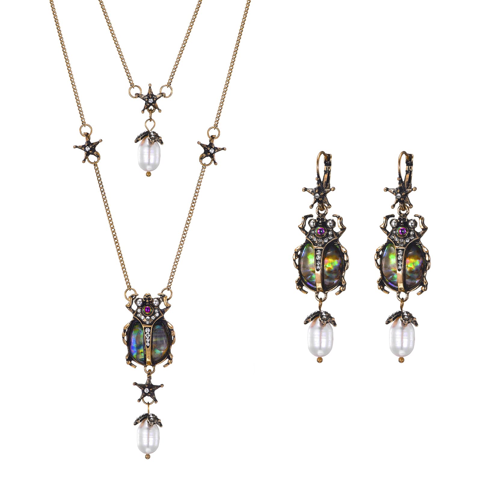 BalirekBeetle Dangle Earrings Vintage Style Pearls Skull Star Drop Ear Jewelry, Metal, Rhinestone,