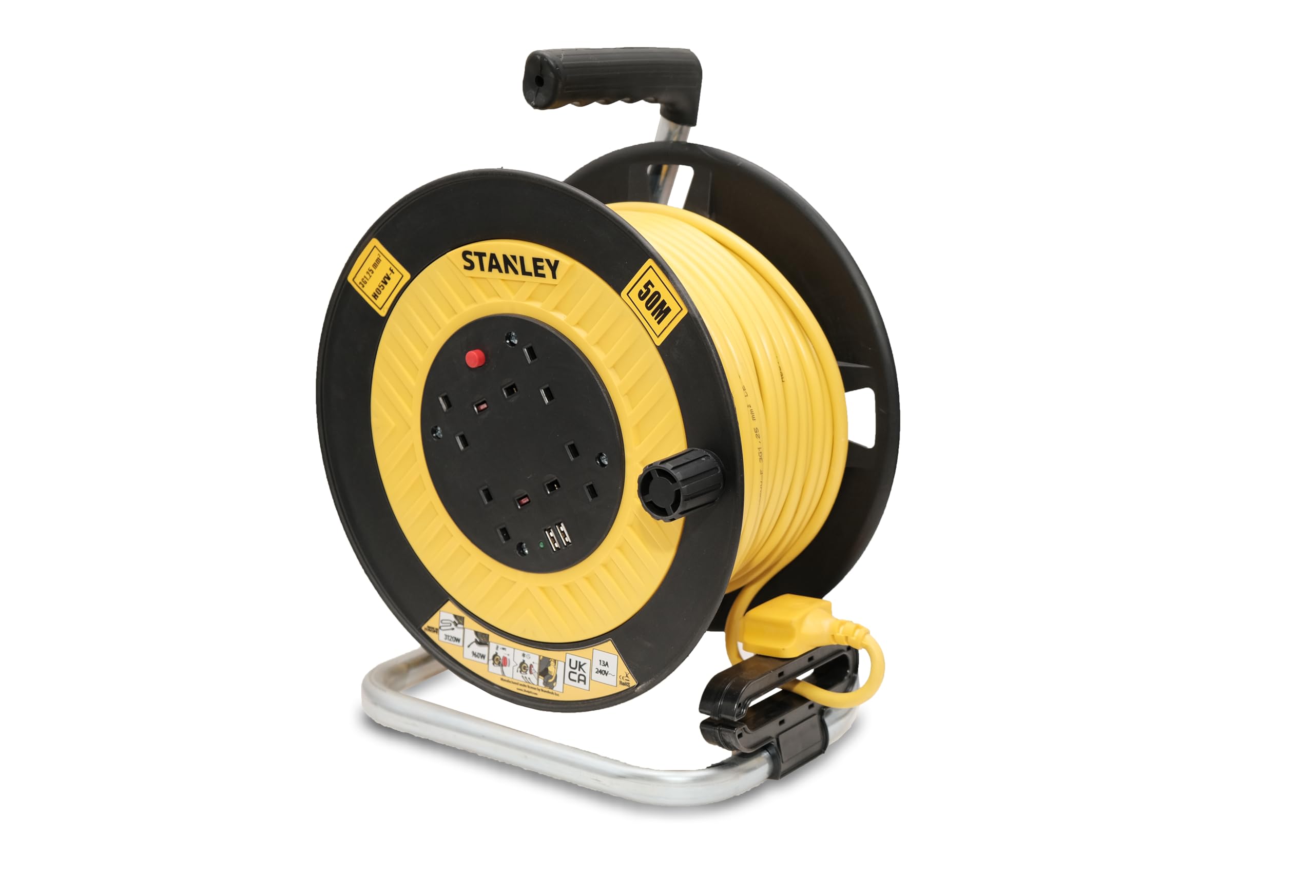 STANLEY 50M Open Drum Cable Reel with 4 240V sockets and Two USB sockets - Built-in Cable Guide and Textured Grip for Added Comfort - The high Visibility Yellow Cable is Fitted with a 240V Plug
