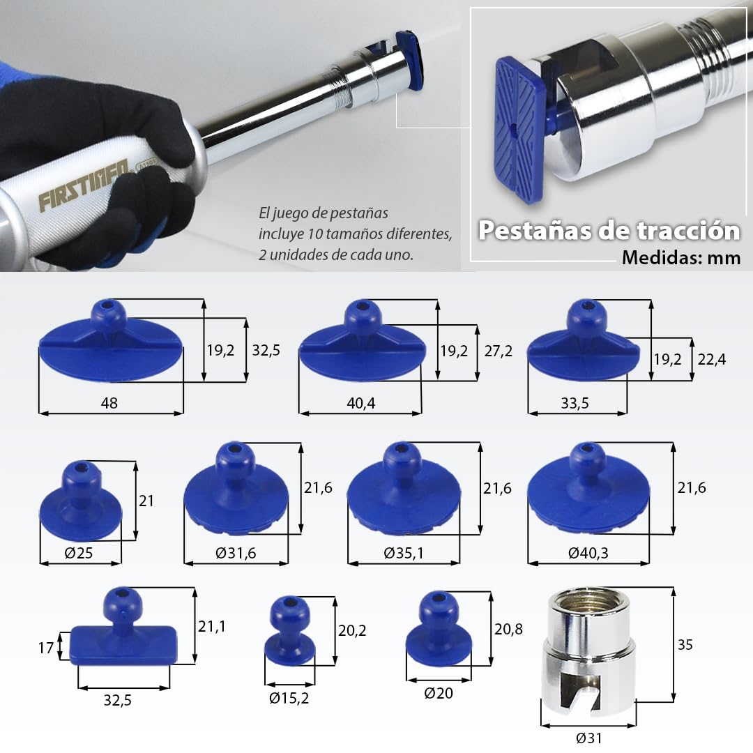 FIRSTINFO Extractor Neumático de Abolladuras Carrocería 3 Ventosas | Kit completo 20 pestañas+pegamento, válvula latón, 70-170 PSI, ideal granizo y bollos puerta, garantía 12 meses A1501EUY1