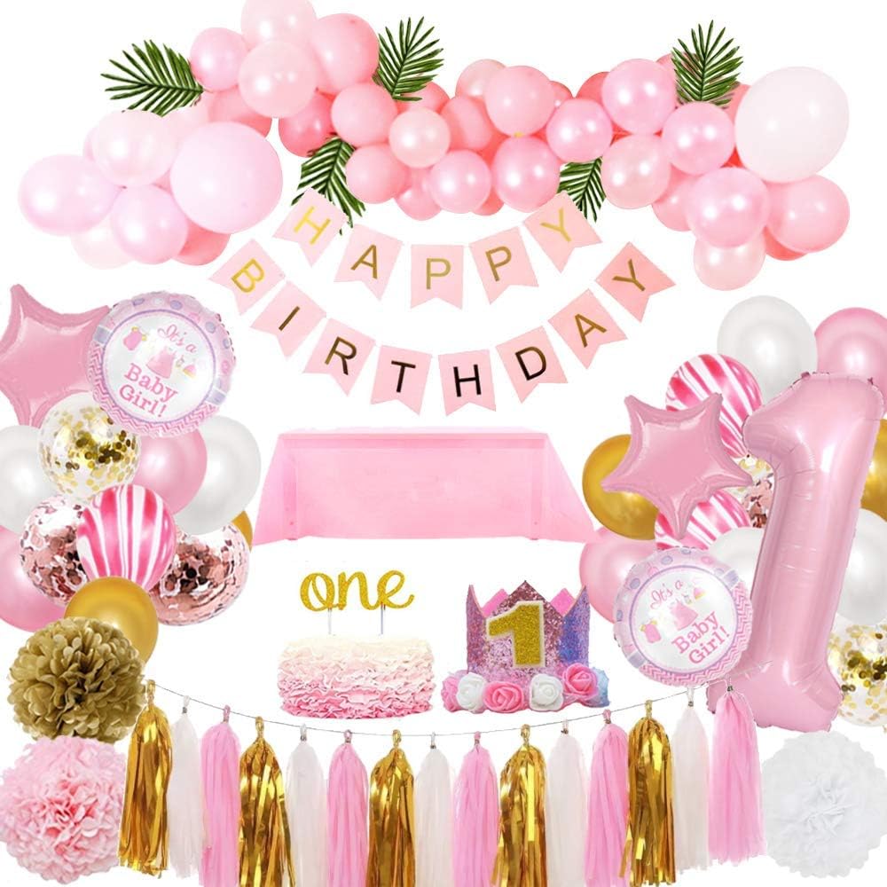 Finypa Pink Theme 1st Birthday Decorations Kit Set for Baby Girls