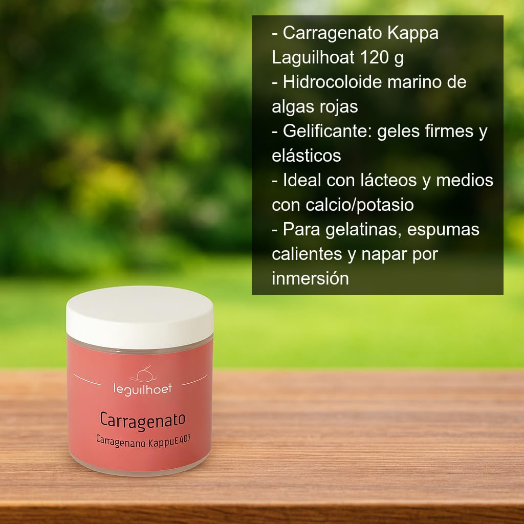 Carragenato Kappa 120 g en frasco hermético Espesante y gelificante de algas rojas para gelatinas firmes, espumas calientes, glaseados y napados en lácteos y bases con calcio o potasio