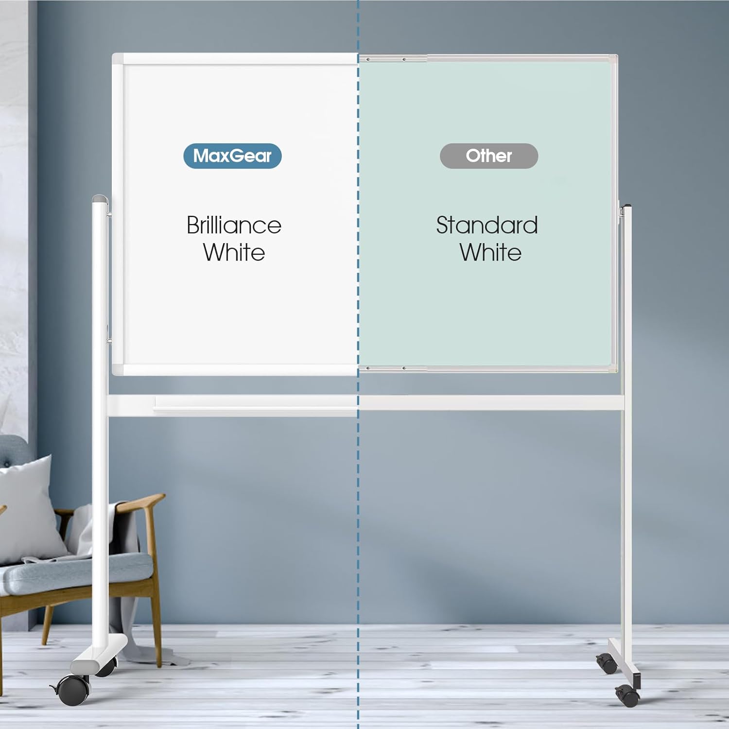 MaxGear Rolling Whiteboard, 48" x 30" Glass Whiteboard on Wheels, Magnetic Mobile White Board Double-Sided Dry Erase Board with Stand, Large Rolling White Boards for Office, Home, Workspace, Classroom