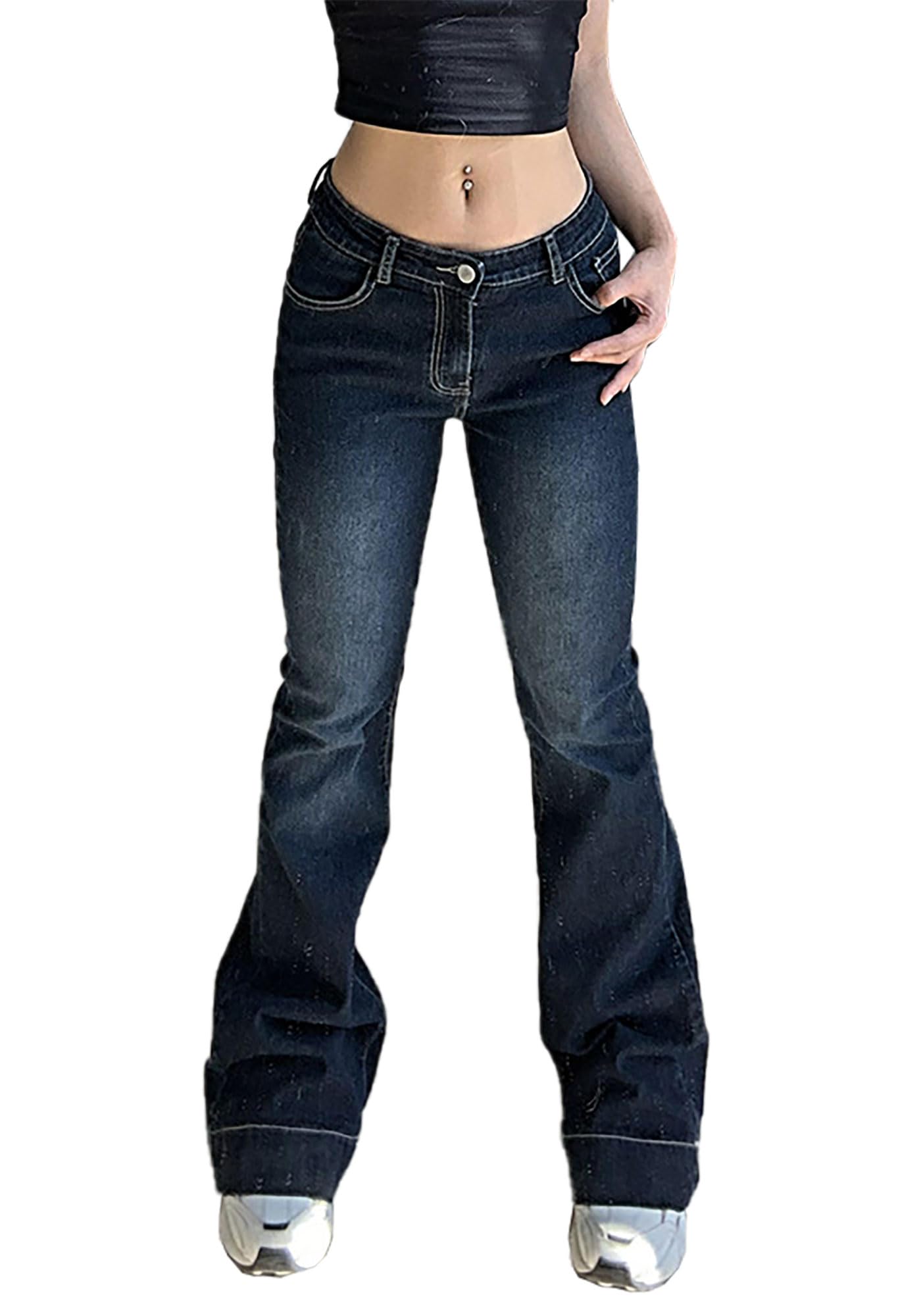 Sunidol Womens Grunge Y2K Retro Low Rise Flared Jeans Straight Leg 